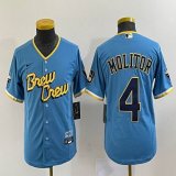 Youth Nike Milwaukee Brewers #4 Paul Molitor skyblue majestic baseball Jersey city version