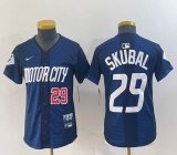 Women Nike Cleveland Indians #29 Skubal blue majestic baseball jersey -BD 01