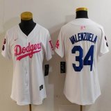 Women Nike Los Angeles Dodgers #34 Fernando Valenzuela white pink fashion MLB baseball Jersey-Joint name-BD