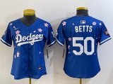 Women 2025 Nike Los Angeles Dodgers 50 Mookie Betts blue fashion majestic baseball jerseys Sakura plate 01