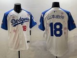 2025 Nike Los Angeles Dodgers #18 Yoshinobu Yamamoto white blue fashion majestic baseball jerseys Sakura plate