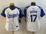 Women 2025 Nike Los Angeles Dodgers #17 Shohei Ohtani white blue fashion majestic baseball jerseys Sakura plate 03